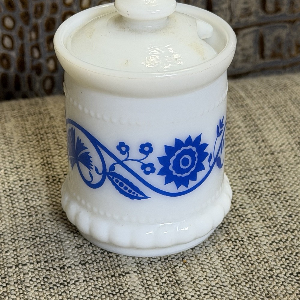 Hazel Atlas White Milk Glass Blue Sweet Pea Mustard Spice ApothecaryJars W/Lid - Picture 6 of 10